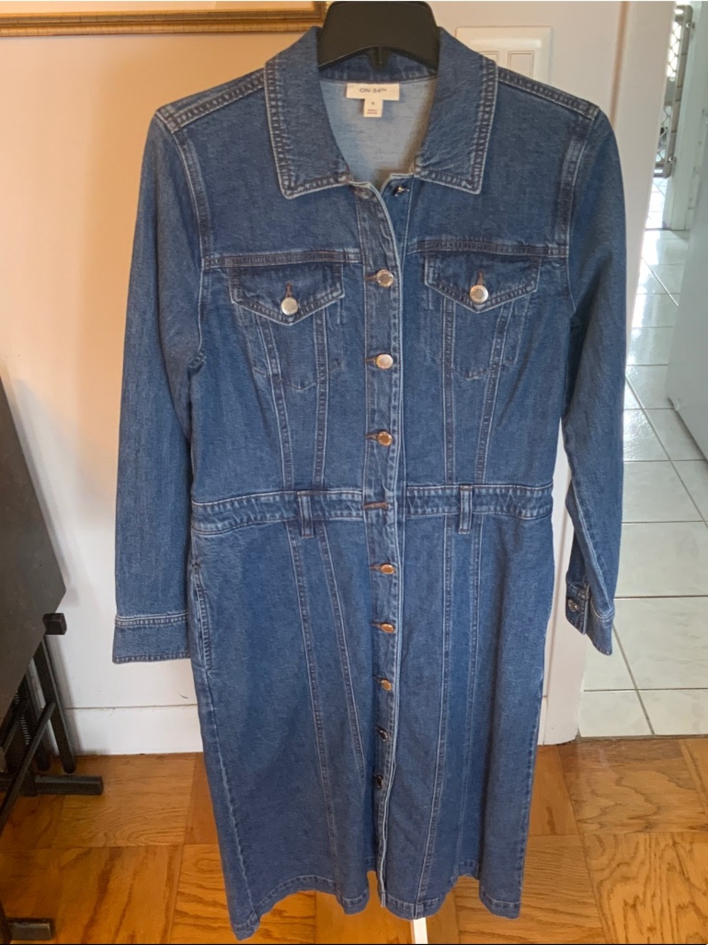 On 34th Classic Button-Front Denim Dress in Medium Blue